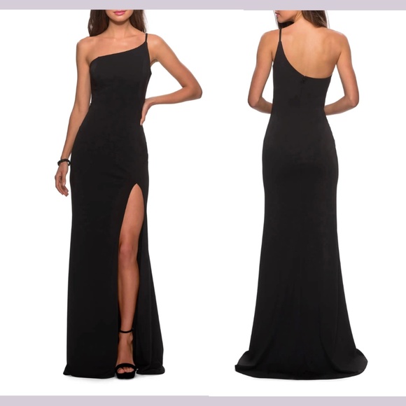 NEW $228 La Femme [ 4 ] One Shoulder Jersey‎ Gown in Black - Picture 1 of 14